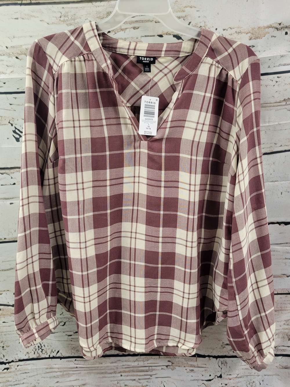 Torrid Harper Plaid Double Gauze Pullover Blouse 1X Burgundy Cream Boho